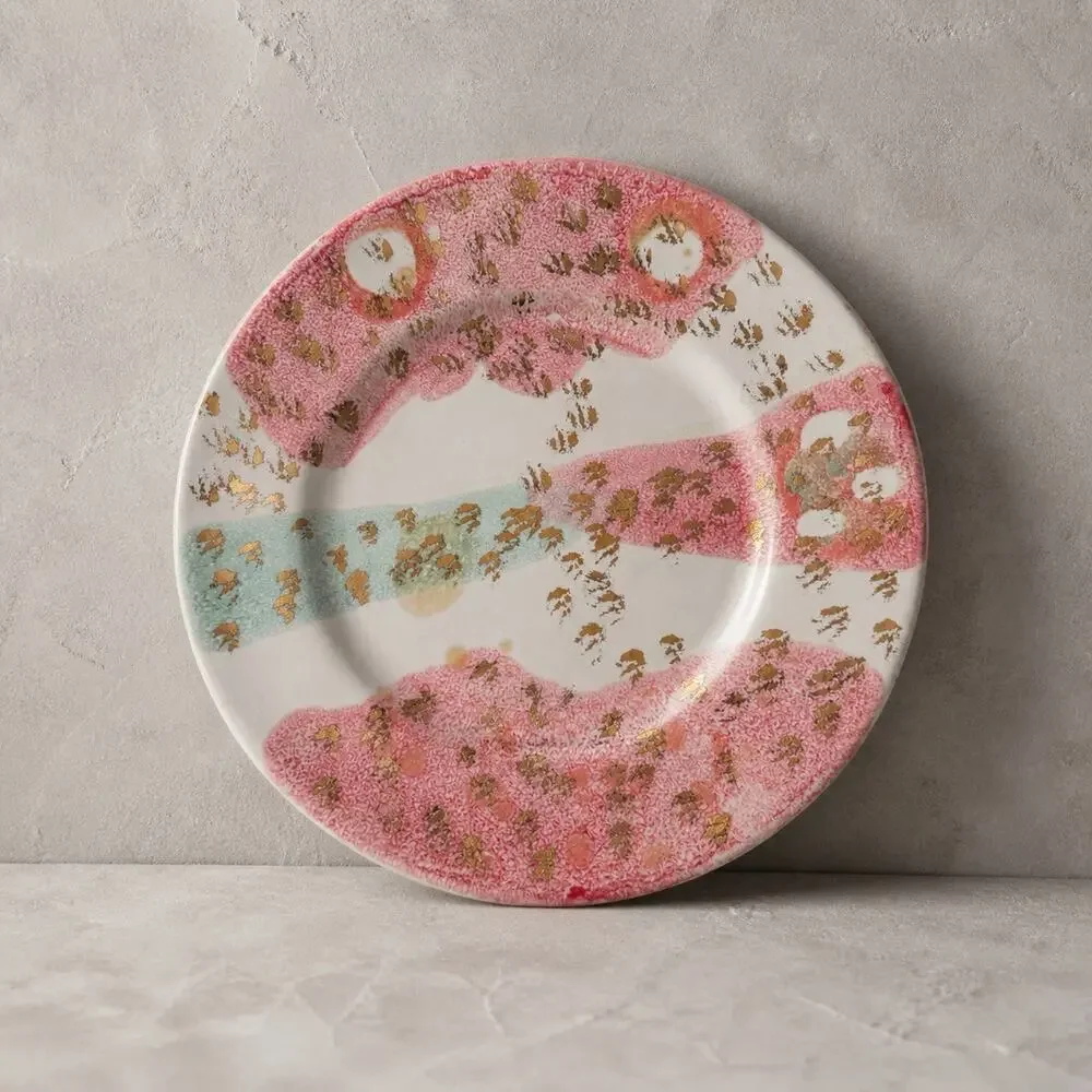 Anthropologie Dinner Plate Portugal Pink Gold Accent Abstract Art Cottagecore